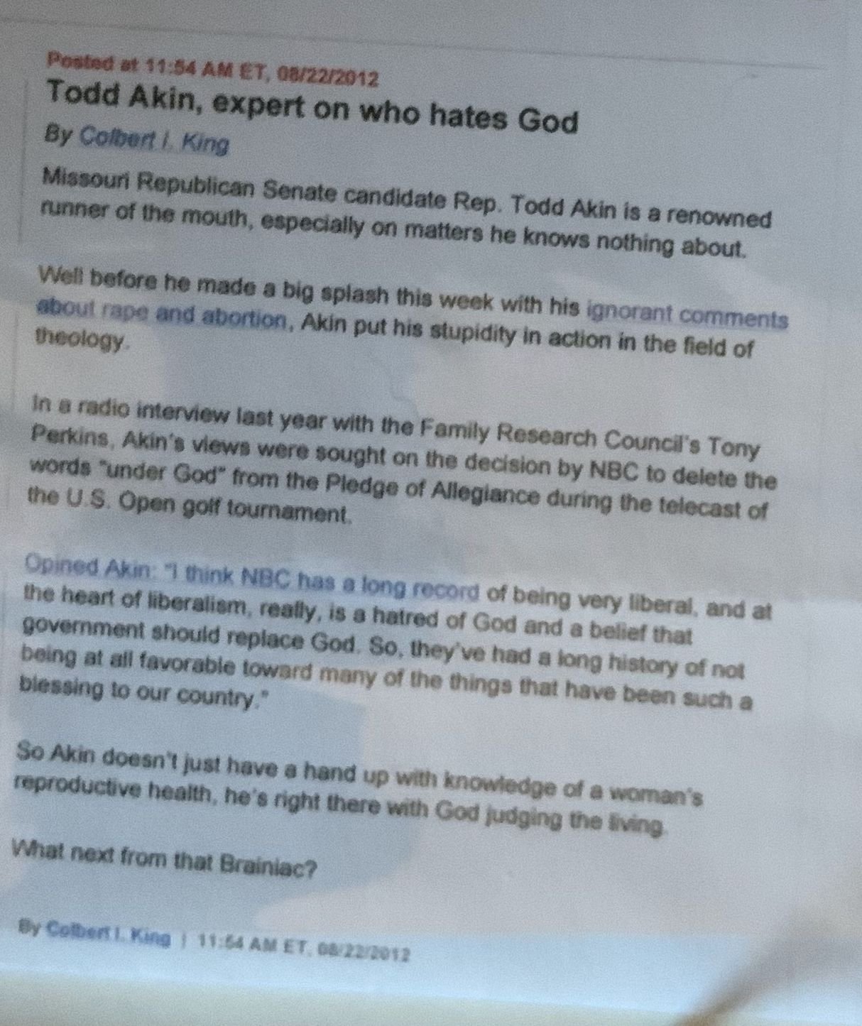 Todd Akin, expert on who hates God